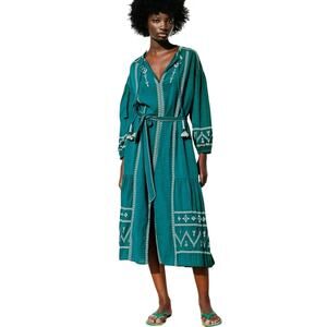 Zara Embroidered Peasant Dress Women’s SZ M Teal Green Beautiful Condition